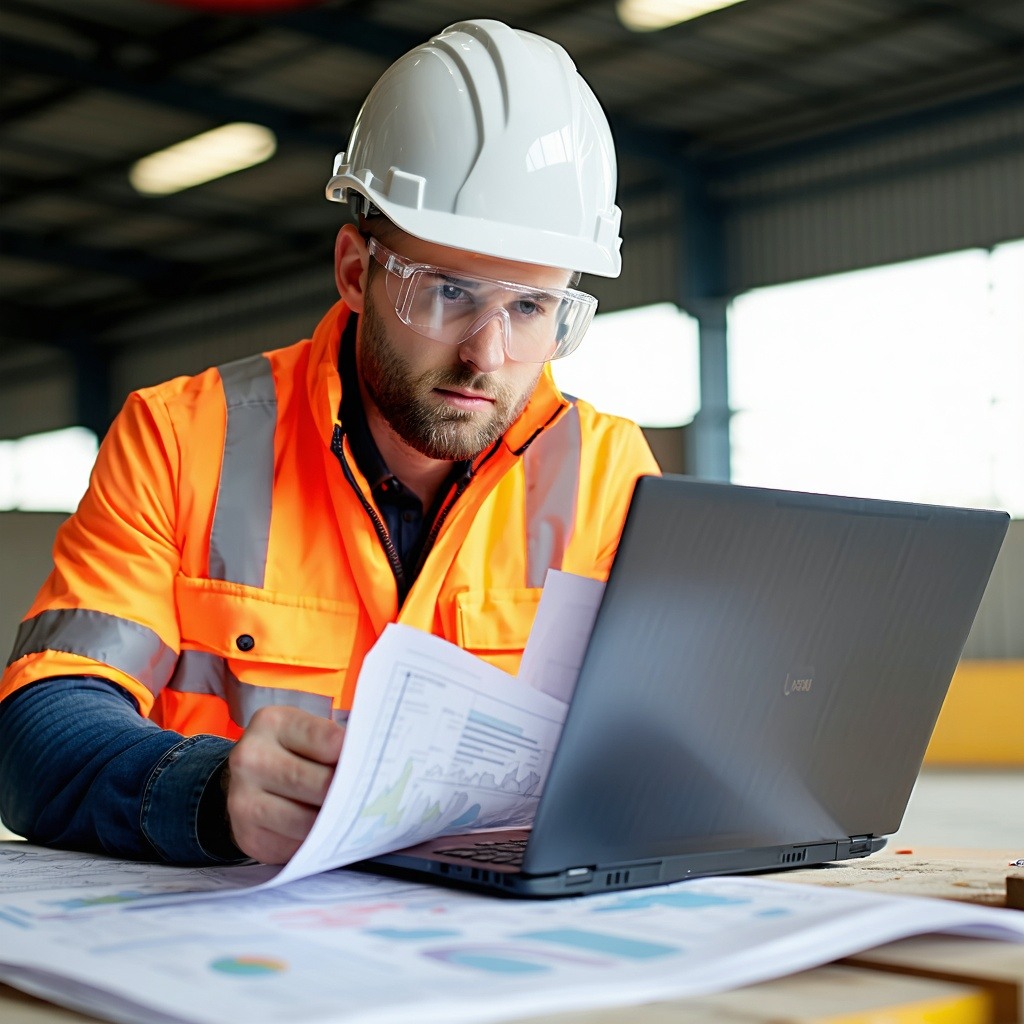 An engineer in a hard hat and high vis jacket reviewing technical engineering plans on a laptop